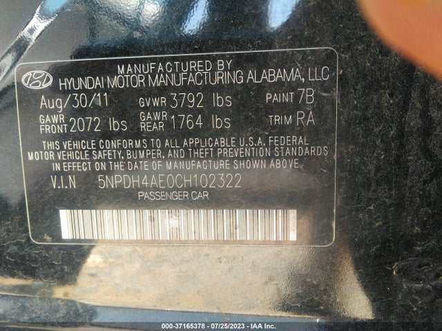 2012 HYUNDAI ELANTRA LIMITED VIN: 5NPDH4AE0CH102322