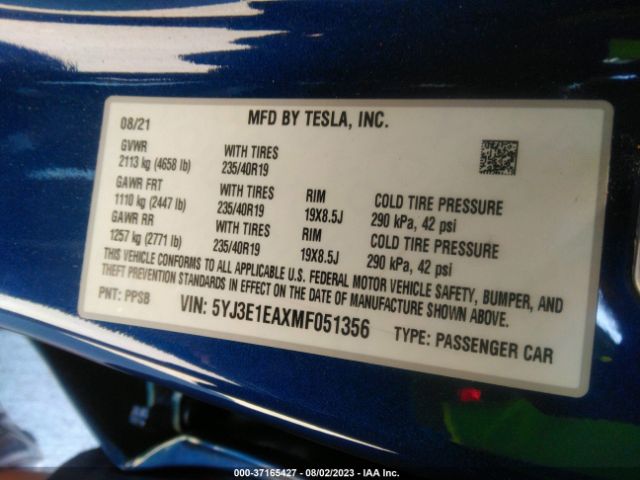5YJ3E1EAXMF051356 Tesla Model 3 Standard Range Plus
