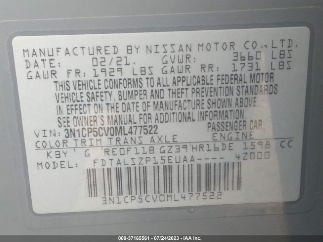 3N1CP5CV0ML477522 Nissan KICKS SV