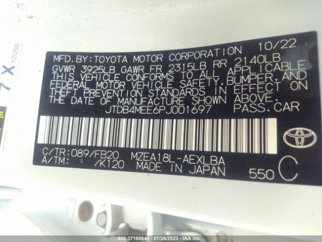 JTDB4MEE6PJ001697 Toyota COROLLA LE