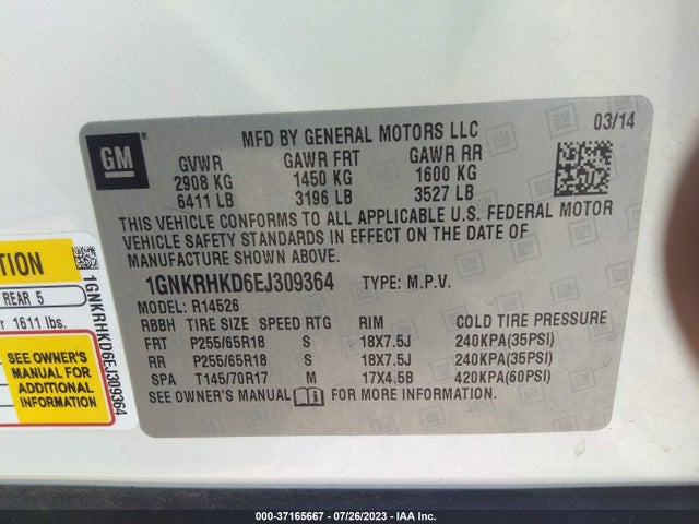 Chevrolet Traverse Lt 2014 1GNKRHKD6EJ309364 Image 9