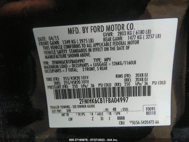 2015 FORD FLEX SEL VIN: 2FMHK6C81FBA04997