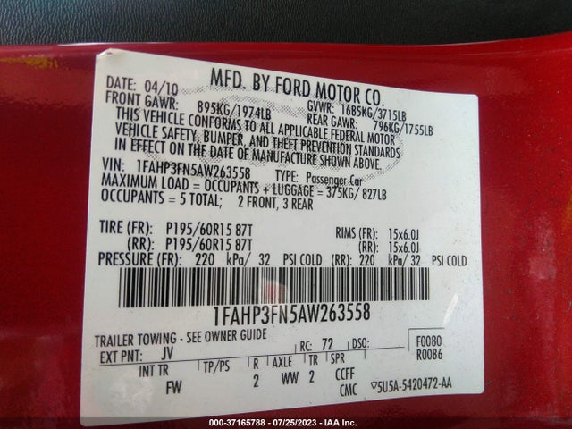 2010 FORD FOCUS SE VIN: 1FAHP3FN5AW263558