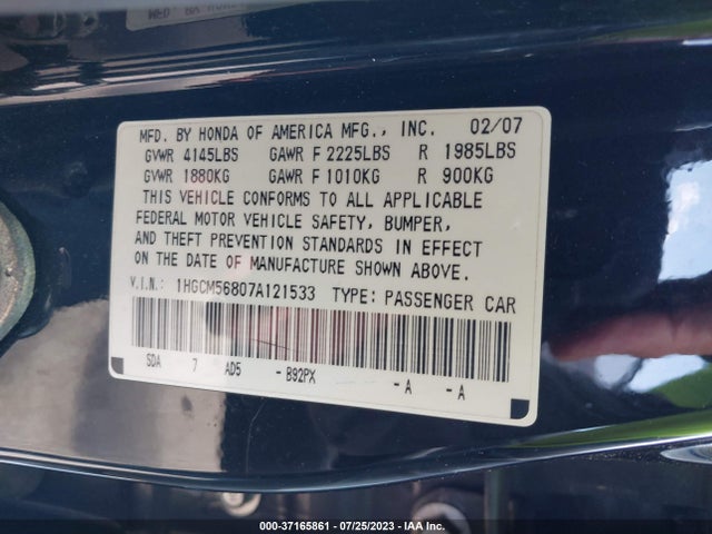 2007 HONDA ACCORD SDN EX-L VIN: 1HGCM56807A121533