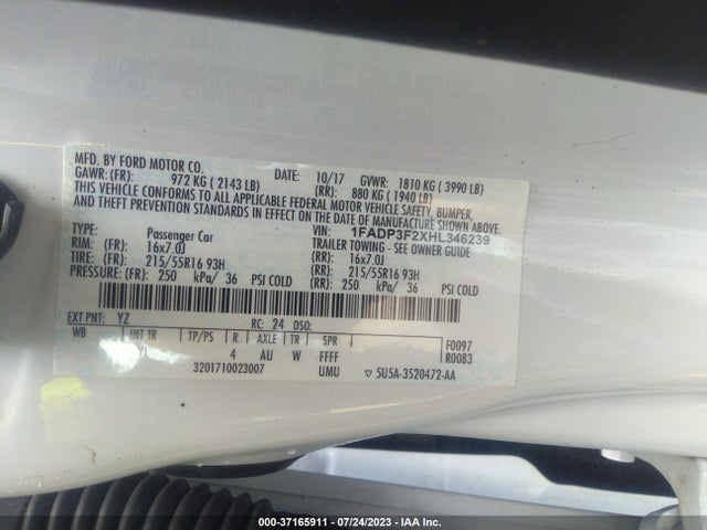 2017 FORD FOCUS SE VIN: 1FADP3F2XHL346239