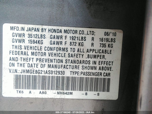 2010 HONDA FIT VIN: JHMGE8G21AS012930