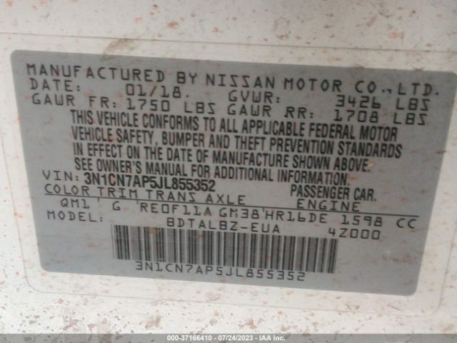 3N1CN7AP5JL855352 Nissan Versa Sedan Sv