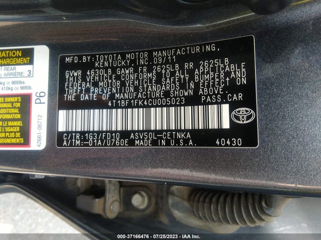 2012 TOYOTA CAMRY L/LE/SE/XLE VIN: 4T1BF1FK4CU005023