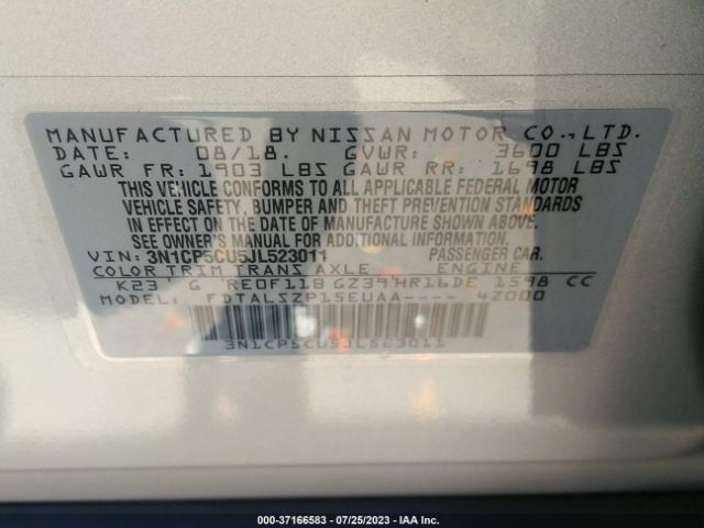 3N1CP5CU5JL523011 Nissan KICKS SV