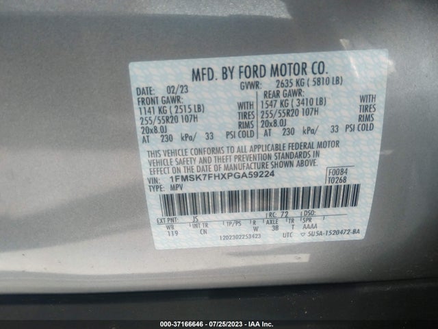 2023 FORD EXPLORER LIMITED VIN: 1FMSK7FHXPGA59224
