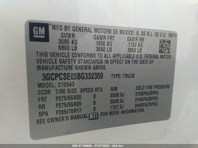 2011 CHEVROLET SILVERADO 1500 LT VIN: 3GCPCSE03BG332359