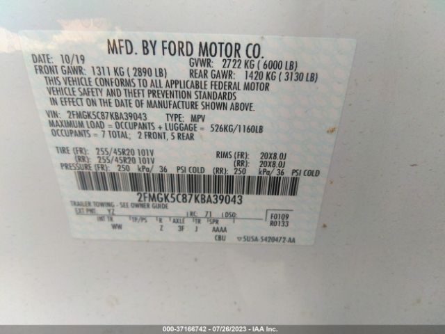2FMGK5C87KBA39043 Ford FLEX SEL