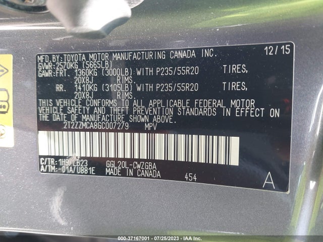 2016 Lexus RX, VIN: 2T2ZZMCA8GC007279