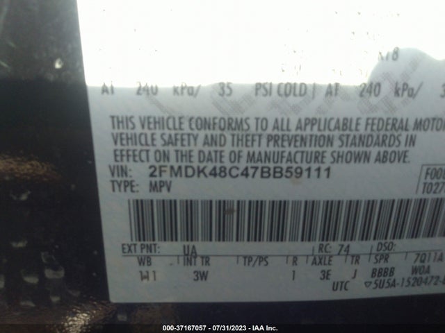 2007 FORD EDGE SEL VIN: 2FMDK48C47BB59111