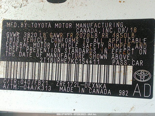 2019 TOYOTA COROLLA L/LE/SE/XLE/XSE VIN: 2T1BURHE7KC154411