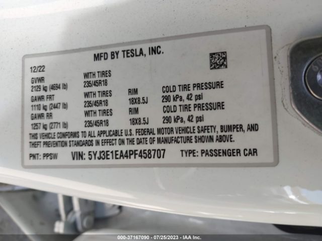 5YJ3E1EA4PF458707 Tesla MODEL 3