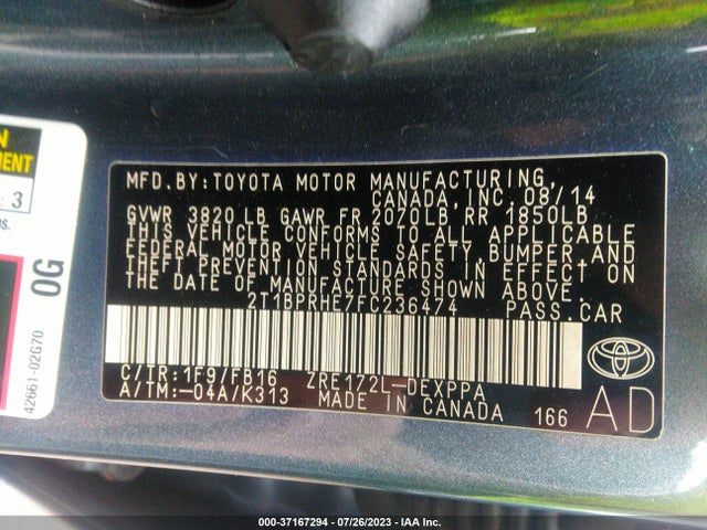 2015 TOYOTA COROLLA LE ECO VIN: 2T1BPRHE7FC236474