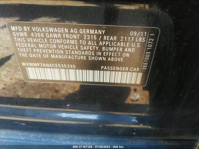 2012 VOLKSWAGEN CC SPORT PZEV VIN: WVWMP7AN6CE535390