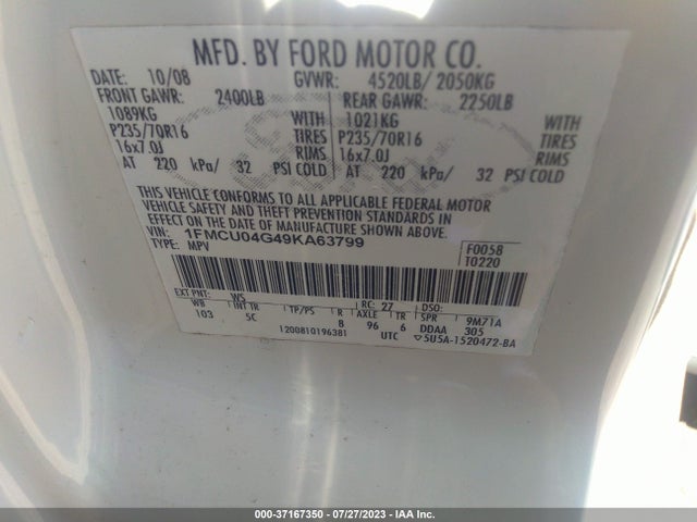 2009 FORD ESCAPE LIMITED VIN: 1FMCU04G49KA63799