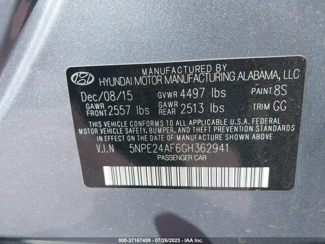 2016 HYUNDAI SONATA 2.4L SE VIN: 5NPE24AF6GH362941