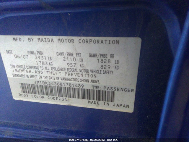 2008 MAZDA MAZDA3 S SPORT *LTD AVAIL* VIN: JM1BK343681781489
