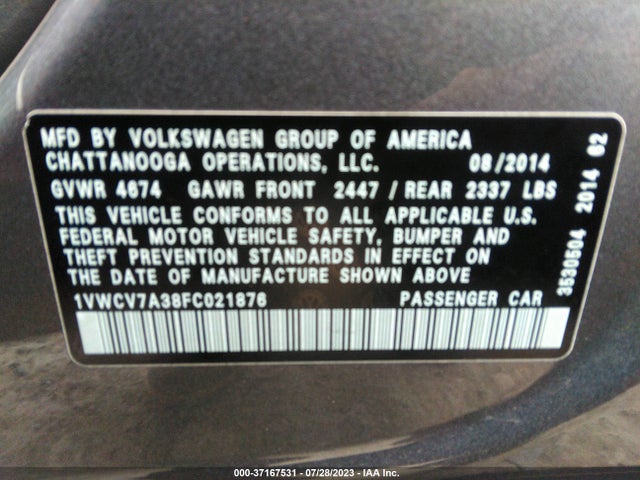 1VWCV7A38FC021876 Volkswagen Passat 2.0l Tdi Sel Premium