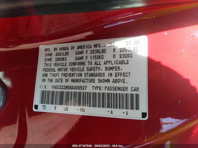 2008 HONDA ACCORD CPE EX-L VIN: 1HGCS22868A006527