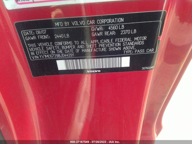2008 VOLVO C70 VIN: YV1MC67298J044291