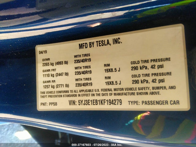Tesla Model 3 Long Range/performance 2019 5YJ3E1EB1KF194279 Image 16
