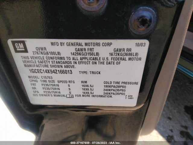 2004 CHEVROLET SILVERADO 1500 VIN: 1GCEC14X94Z166013
