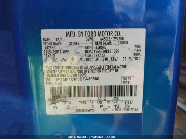 2011 FORD F-150 XL/STX/XLT VIN: 1FTMF1CM5BFA39560