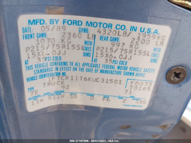 1989 FORD RANGER VIN: 1FTCR11T6KUC31501