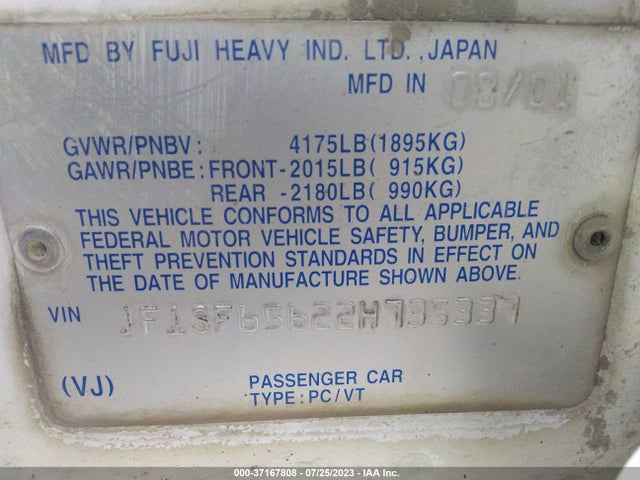 2002 SUBARU FORESTER S W/PREMIUM PKG VIN: JF1SF65622H735337