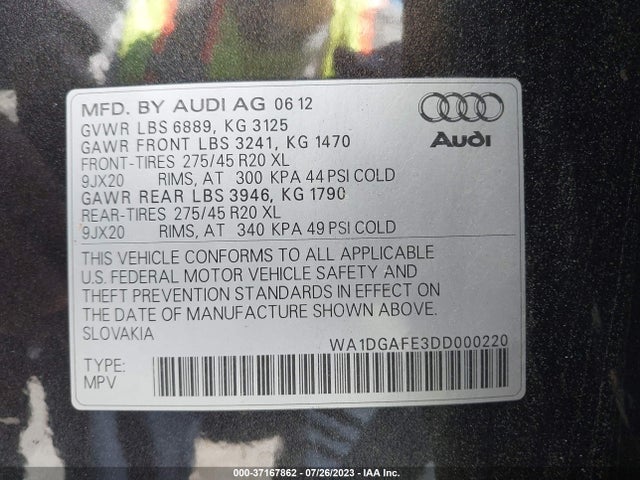 2013 AUDI Q7 3.0T S LINE PRESTIGE VIN: WA1DGAFE3DD000220