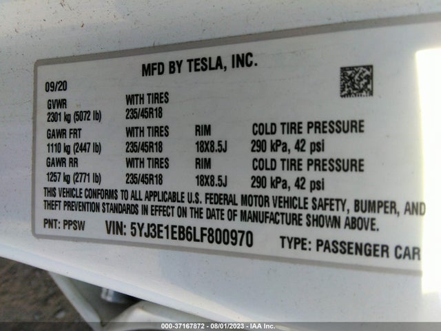 Tesla Model 3 Long Range 2020 5YJ3E1EB6LF800970 Image 9