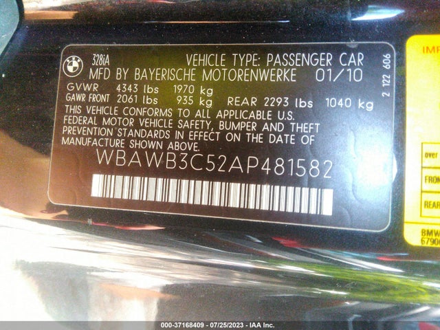2010 BMW 3 SERIES 328I VIN: WBAWB3C52AP481582