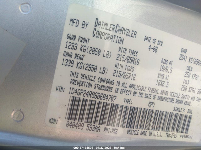 2006 DODGE GRAND CARAVAN SE VIN: 1D4GP24R96B684707