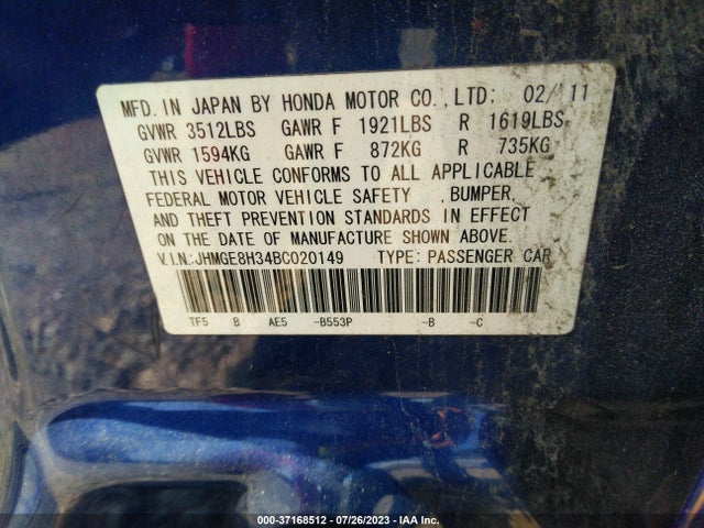 2011 HONDA FIT VIN: JHMGE8H34BC020149