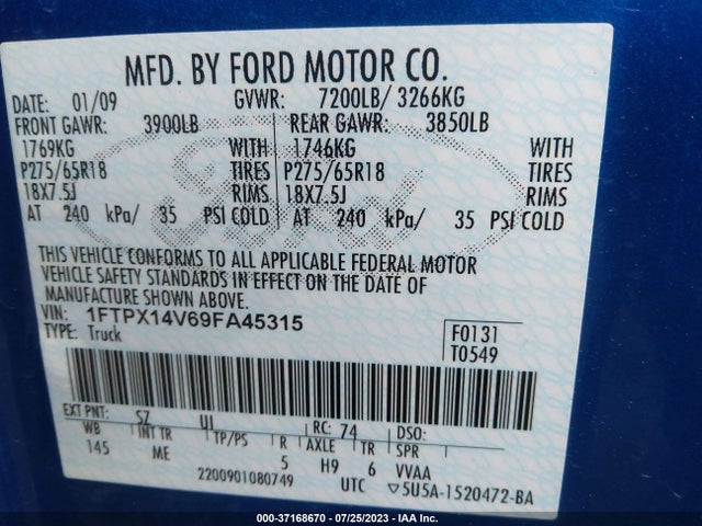 2009 FORD F-150 XL/XLT/FX4/LARIAT VIN: 1FTPX14V69FA45315