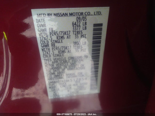 2006 NISSAN TITAN XE VIN: 1N6BA07A16N517854