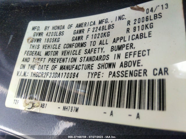 2013 HONDA ACCORD SDN LX VIN: 1HGCR2F33DA170094
