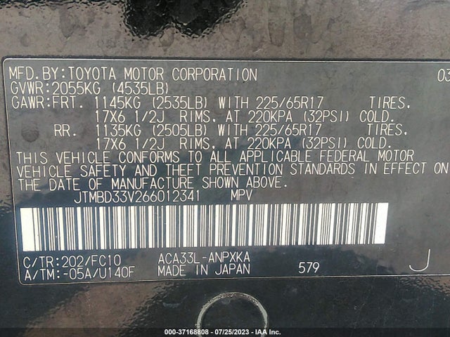2006 TOYOTA RAV4 BASE VIN: JTMBD33V266012341