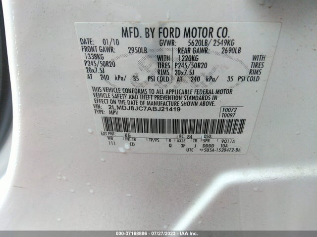 2010 LINCOLN MKX VIN: 2LMDJ8JC7ABJ21419