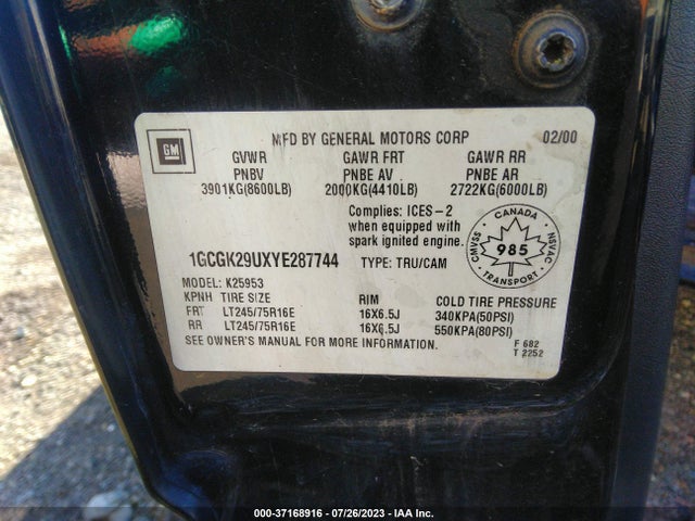 2000 CHEVROLET 2500 VIN: 1GCGK29UXYE287744