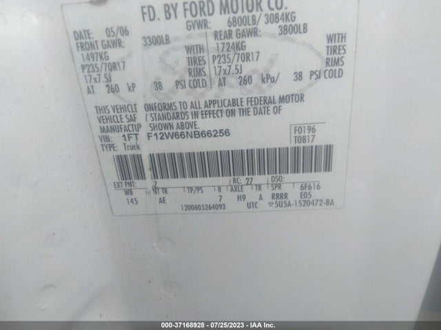 2006 FORD F-150 XL/STX/XLT VIN: 1FTRF12W66NB66256