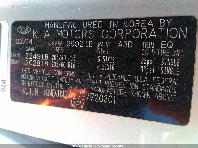 KIA Soul Base 2014 KNDJN2A27E7720301 Image 9