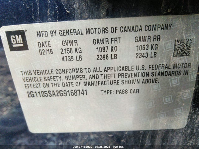 Chevrolet IMPALA LT 2016 2G1105SA2G9168741 Image 9