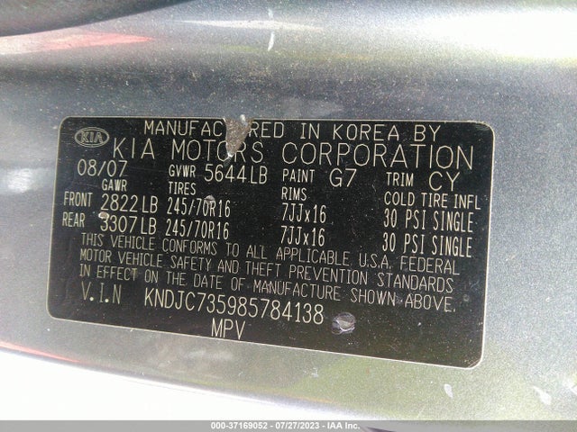 2008 KIA SORENTO LX VIN: KNDJC735985784138