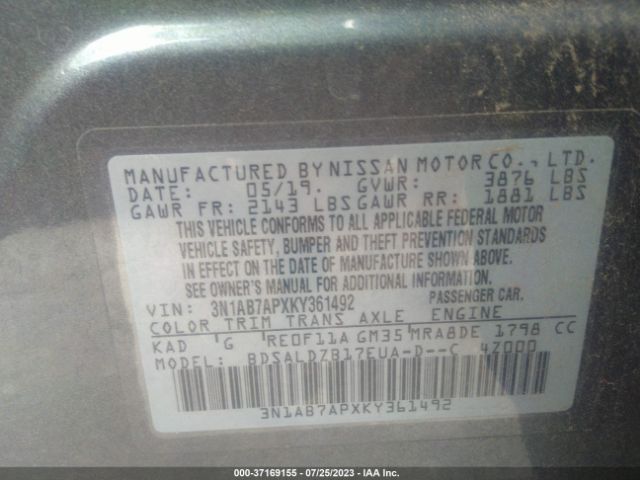 3N1AB7APXKY361492 Nissan SENTRA SV