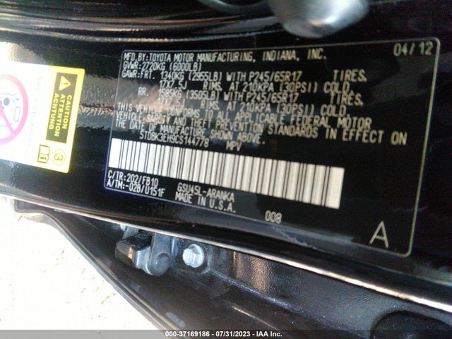 2012 TOYOTA HIGHLANDER VIN: 5TDBK3EH9CS144778